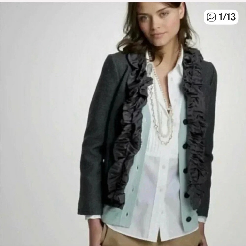 J Crew Size 14 Gray Wool “Chimera” Lined Jacket w Silk Ruffle Pleated Collar